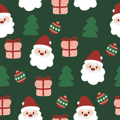 Merry christmas holiday cute santa claus, tree, gift and ornament seamless pattern for fabric, linen, textiles and wallpaper