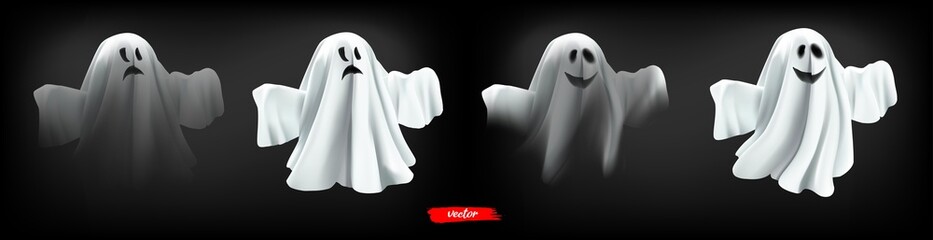 White ghost, phantom isolated on black background. Halloween spooky monster, scary spirit or poltergeist flying in night. 3d realistic vector illustration of ghosts on dark background.