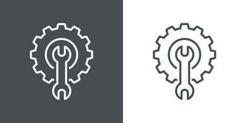 Maquinaria industrial. Logotipo engranaje con herramienta llave con lineas en fondo gris y fondo blanco © teracreonte