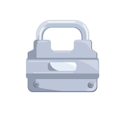 Hanging locked metal shining padlock with closed iron shackle. Icon of secure and private access. Realistic flat cartoon vector illustration isolated on white background