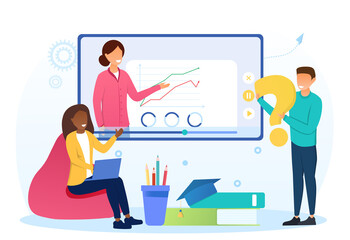 Young male and female characters are studying online remotely from home. Concept of online course, learning and studying from home. Tutor teaching on big screen. Flat cartoon vector illustration