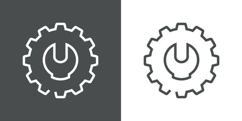 Maquinaria industrial. Logotipo engranaje con herramienta llave con lineas en fondo gris y fondo blanco