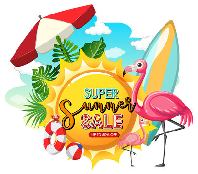 Super Summer Sale banner with summer elements isolated