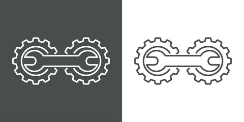 Maquinaria industrial. Logotipo 2 engranajes con herramienta llave con lineas en fondo gris y fondo blanco