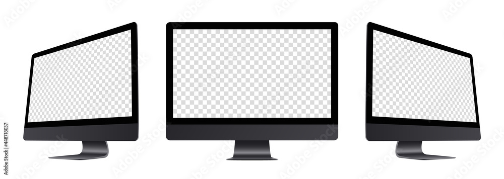 Poster black monitor monoblock computer devices mockup set : front, left-side, right-side views. realistic 