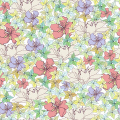 Summer seamless background with small multicolored flowers. Flower meadow, vector print from painted bright wildflowers.