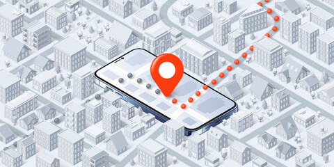 Isometric mobile navigator. Pin point on smartphone map, route through city vector illustration