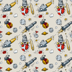 A rocket, a lunar rover,a space station in space. Funny planets. It can be used as a seamless pattern for fabric, T-shirt, poster, postcard, baby shower.