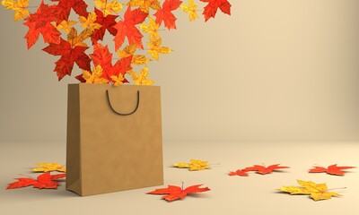 Autumn leaves are flying out of a paper shopping bag. Place for your text. Seasonal sale concept. 3d illustration