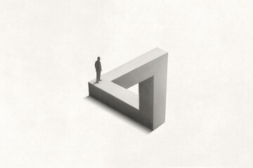 Illustration of man walking on Penrose triangle, optical illusion surreal concept - obrazy, fototapety, plakaty