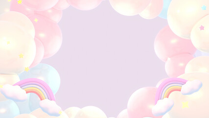 Pink dreamy pastel rainbow clouds and stars sky. 3d rendered picture.