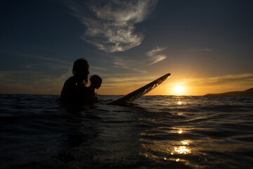 Father and Daughter Surfing Together, Summer Lifestyle Family Concept