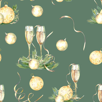 Watercolor champagne glass seamless pattern. Sparkling wine glass wedding background. Golden Christmas   New year celebration repeat pattern