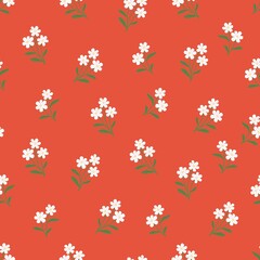 Seamless vector pattern with little white flowers on a red background