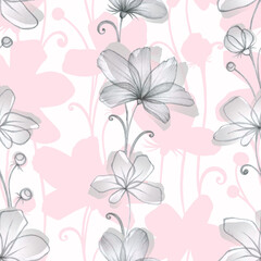 Beautiful elegant stylized flowers. Monohrome floral illustration. Seamless pattern. Hand drawing with simple pencil. Vertical composition.
