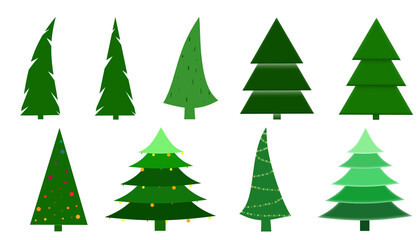 Set of Christmas trees. Seven fir trees isolated on a white background. New Year and Christmas tree traditional symbol with garlands, light bulb, star. Winter holiday