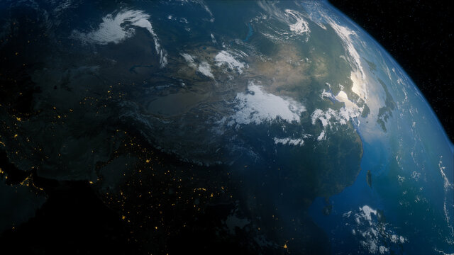 Earth in Space. Photorealistic 3D Render of the Globe, with views of China and Asia. Climate Concept.