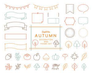 秋のフレームやアイコンのセット　リボン　あしらい　飾り罫　食べ物　植物　葉　枠