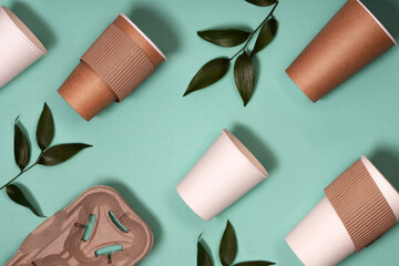 Eco-friendly paper tableware. Dishes, paper cups, fast food containers and cutlery. Recycling or environmentally friendly concept. Zero waste concept