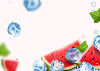 Watermelon realistic slices in ice cubes background