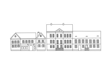 Traeckaje Suburb. Vector line hand drawn illustration with an old town city cute house panorama. Minsk, Belarus.