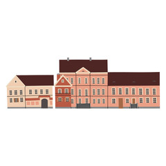 Traeckaje Suburb. Vector color hand drawn illustration with an old town city cute house panorama. Minsk, Belarus.