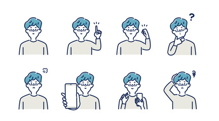 若い男性の表情とジェスチャーのイラスト素材セット