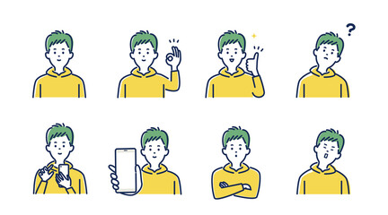 若い男性の表情とジェスチャーのイラスト素材セット
