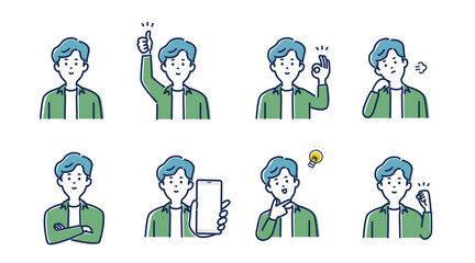 若い男性の表情とジェスチャーのイラスト素材セット