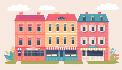 Colorful old buildings on the street. Cute retro stores vector design illustration