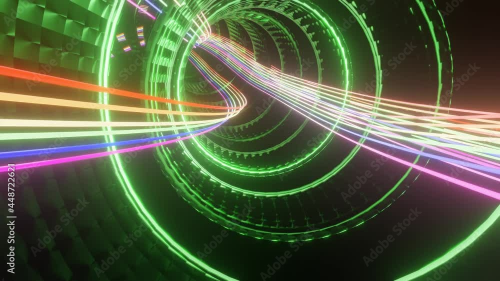 Poster flying through an endless abstract tunnel with glowing rainbow lines. 3d render