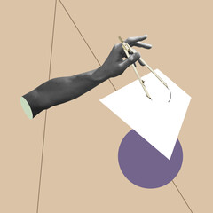 Modern design, contemporary art collage. Inspiration, idea, trendy urban magazine style. Male hand on pastel geometrical background