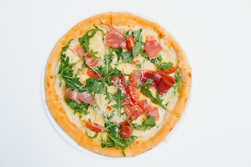 Delicious italian pizza over white background top view