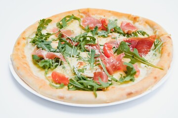 Delicious italian pizza over white background top view