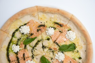 smoked salmon pizza isolated on white background - Italian food style