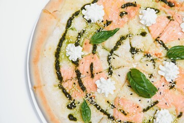 Delicious italian pizza over white background top view