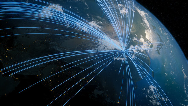 Earth in Space. Blue Lines connect Xi'an, China with Cities across the World. International Travel or Business Concept.