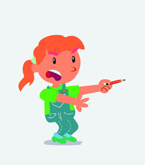 angry cartoon character of little girl on jeans with pencil points to the side.