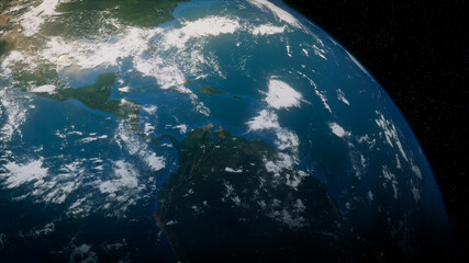 Earth in Space. Photorealistic 3D Render of the Globe, with views of Colombia and South America. Environment Concept.