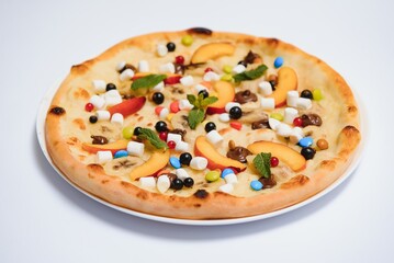 Sweet pizza with marshmallow sauce and colored sweets, chocolate pizza with colored sweets and chocolate pizza with banana on a white background