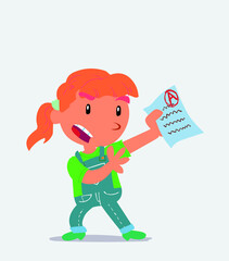 cartoon character of little girl on jeans arguing effusively with exam in hand.