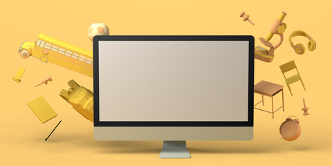 Online education concept with computer. Back to school. Screen with floating educational objects. 3D illustration. Copy space. Banner.