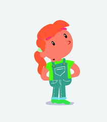 cartoon character of little girl on jeans doubting.