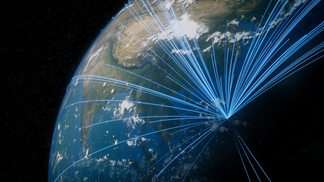 Earth in Space. Blue Lines connect Manila, Philippines with Cities across the World. International Travel or Networking Concept.