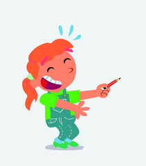 cartoon character of little girl on jeans laughs while pointing to the side with a pencil.
