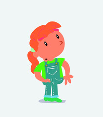 cartoon character of little girl on jeans looks with doubt and somewhat surprised.