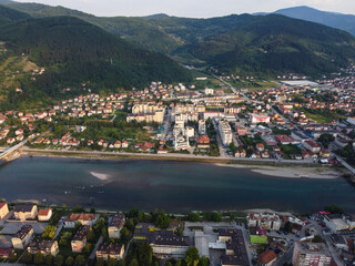 Aerial drone view of Gorazde, Bosnia and Herzegovina. Drina river and city of Gorazde in summer, view from above. 