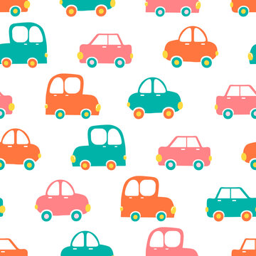 Baby cars seamless pattern in blue, pink and orange colors
