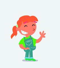 cartoon character of little girl on jeans waving informally while laughing.