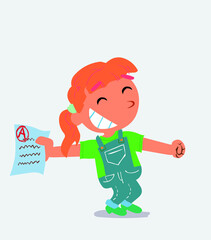 happy cartoon character of little girl on jeans rejoices with exam in hand.